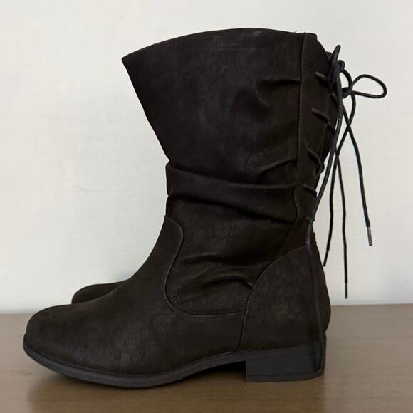 NEW Women’s Sz 9 XW Black Calf Boots – Low Heel Inside Zip Slouchy Lace-Up Backs - Picture 2 of 14